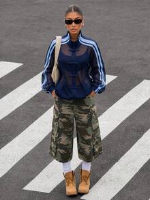 Muchica 海軍藍鏤空半透休閒女款大尺碼外套 秋季 - 藏蓝色 - 查看 8