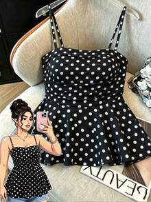 SHEIN Elenzya 大码梭织面料 - 休闲度假波点夏季吊带背心 - 黑色 - 查看 1