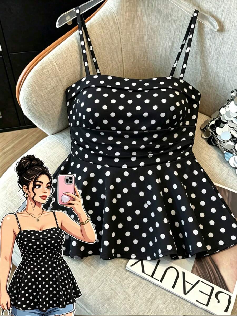 SHEIN Elenzya 大码梭织面料 - 休闲度假波点夏季吊带背心 - 黑色 - 查看 1