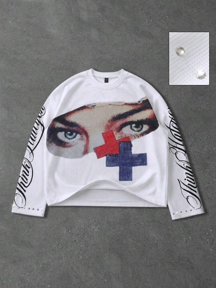 ROMWE MEN Men's Rivet Decor Print Pattern Waffle Fabric Long Sleeve T-Shirt, Street Vintage - White - View 1