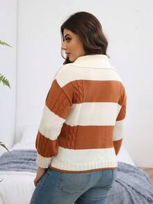 SHEIN CURVE+ Plus Two Tone Cable Knit Drop Shoulder Sweater Knit Pullover Fall Winter Sweater - White - View 2