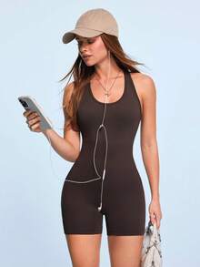 SHEIN Sovereign Charm Women's Solid Color Casual Daily Outdoor Sports Romper - Coffee Brown - View 1
