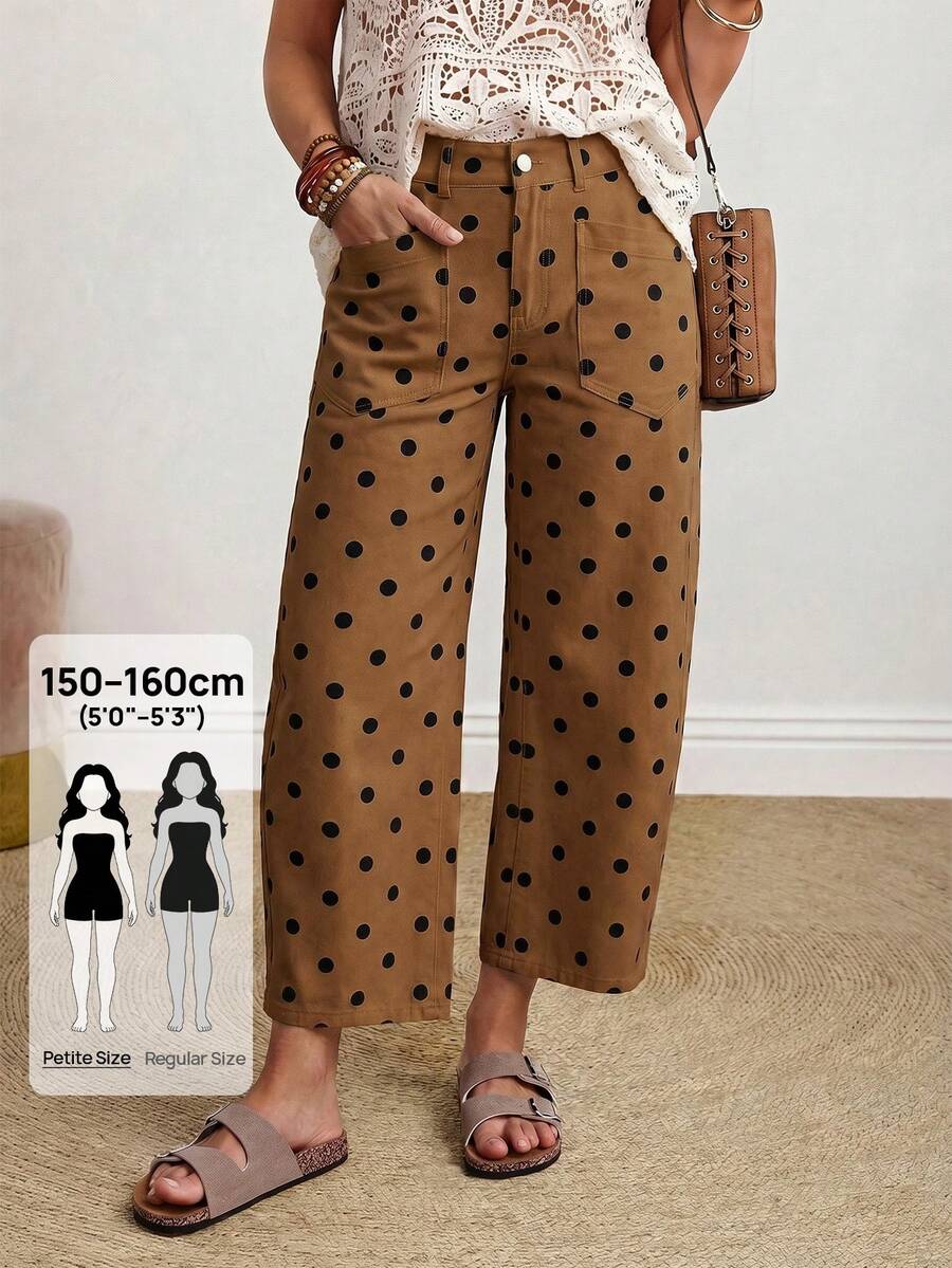 SHEIN PETITE 女款圓點圖案錐形休閒百搭牛仔褲 - 咖啡棕 - 查看 1