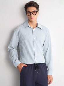 Manfinity Homme Men's Solid Color Single-Breasted Casual Commute Long Sleeve Shirt Birthday Graduation Light Blue Autumn - Blue - View 8