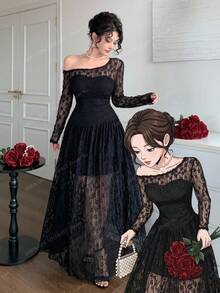 DAZY Herbst Quadratischer Ausschnitt Laternenärmel Langarm Spitze Transparenter Stoff Tailliert A-Linien Rock Schwarz Elegantes Damen Midikleid - Schwarz - Übersicht 10