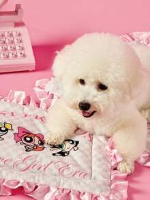 THE POWERPUFF GIRLS X PETSIN 1pc Pink Big Eyed Girl Good Friend Pink Checkered Letter Printed Pet Bed Soft And Comfortable Anti Slip Ruffled Edge Pet Bed - Multicolor - View 4