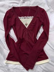 IslaSuriya Women's V-Neck 2 In 1 Long Sleeve Top - Burgundy - View 1