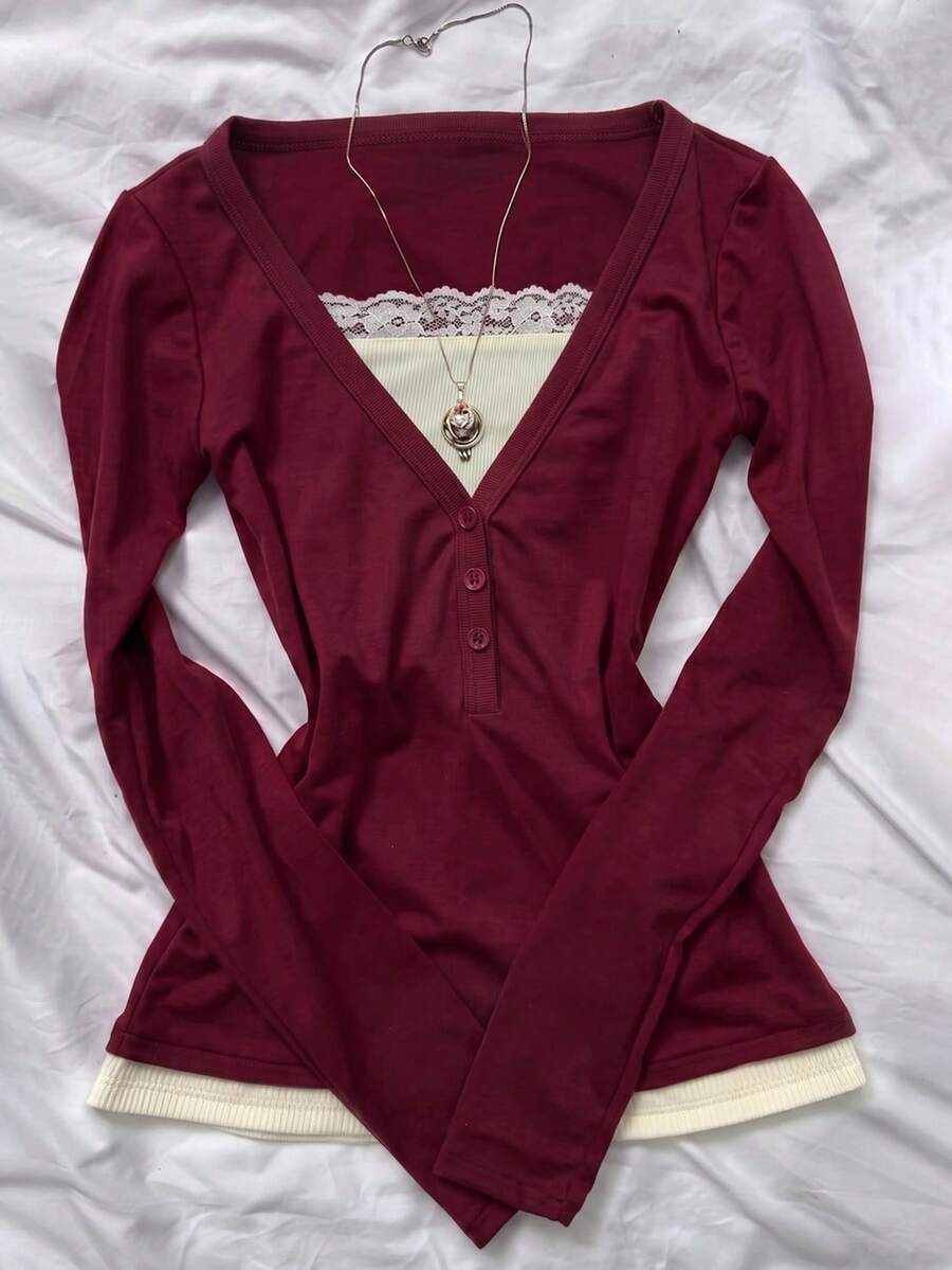 IslaSuriya Women's V-Neck 2 In 1 Long Sleeve Top - Burgundy - View 1