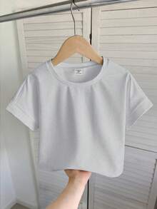 SHEIN 青少年女孩休閒純色寬鬆圓領捲袖短袖短版T恤 - 灰色 - 查看 2