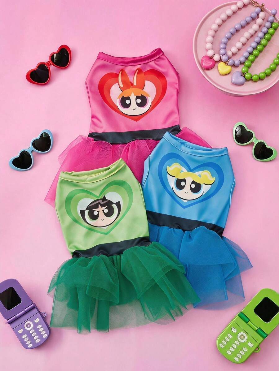 THE POWERPUFF GIRLS X PETSIN 1件玫瑰紅藍綠飛翔女孩卡通印花寵物T恤，超柔軟不掉毛，透氣面料，防跳蚤耐熱，讓貓狗保持涼爽可愛，適合室內玩耍或戶外散步，充滿活潑能量 - 彩色 - 查看 1