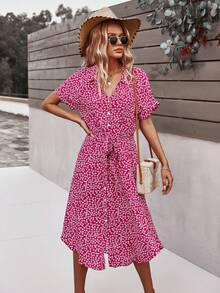 SHEIN Holidaya Ditsy Floral Tie Front Button Through Dress - Red Violet - View 4