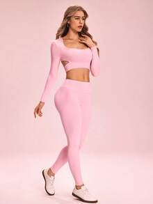 SHEIN Sovereign Charm Women's Solid Color Long Sleeve Top And High Waist Leggings Casual Daily Sports Set - Pink - View 5