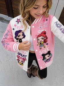 SHEIN Girls' Casual Fashion Spring/Autumn Colorful 3D Floral Contrast Color Baseball Jacket - Pink - View 4