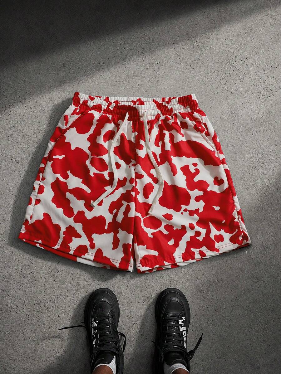 ROMWE MEN Men's Cow Print Drawstring Waist Loose Shorts - Red and White - View 1
