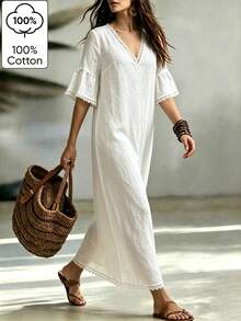 Linhara CURVE Plus Size White Long Robe Dress, Comfortable Loose Fit With Lace Trim, 5-Point Sleeve Straight Cut Dress For Summer/ Daily Wear Vacation Beach Safari - White - View 3