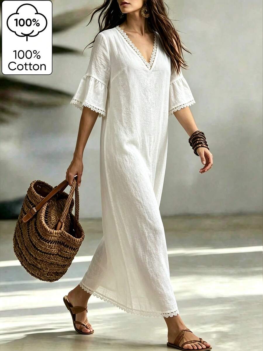 Linhara CURVE Plus Size White Long Robe Dress, Comfortable Loose Fit With Lace Trim, 5-Point Sleeve Straight Cut Dress For Summer/ Daily Wear Vacation Beach Safari - White - View 1
