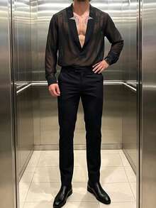 Manfinity Dauomo 男士時尚性感透視襯衫 - 黑色 - 查看 5