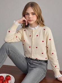 Tween Girl Tween Girl Tween Girl Fall/Winter Fashion Heart Patchwork White Contrast Color Ruffle Minimalist Knit Cardigan Long Sleeve Sweater - Apricot - View 7