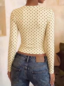 Rovax Women's Autumn/Winter Best-Selling Polka Dot Print Slim Fit Versatile All-Match T-Shirt - Multicolor - View 2