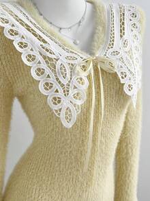 Elamini Y2K Romantic Elegant Girl Fitted Knit Sweater Dress Solid Color Lace Bow Short Autumn/Winter Tea Party Everyday Cream White - Yellow - View 5