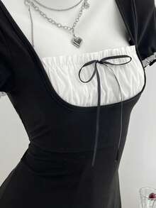 Elamini Robe courte d'été douce vintage noir & blanc contraste avec bordure en dentelle et nœud fendu - Noir - Voir 7