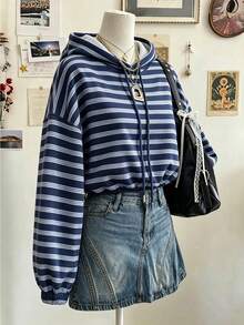 Lalippa Women's Striped Drop Shoulder Long Sleeve Casual Drawstring Hooded Sweatshirt - Multicolor - View 4