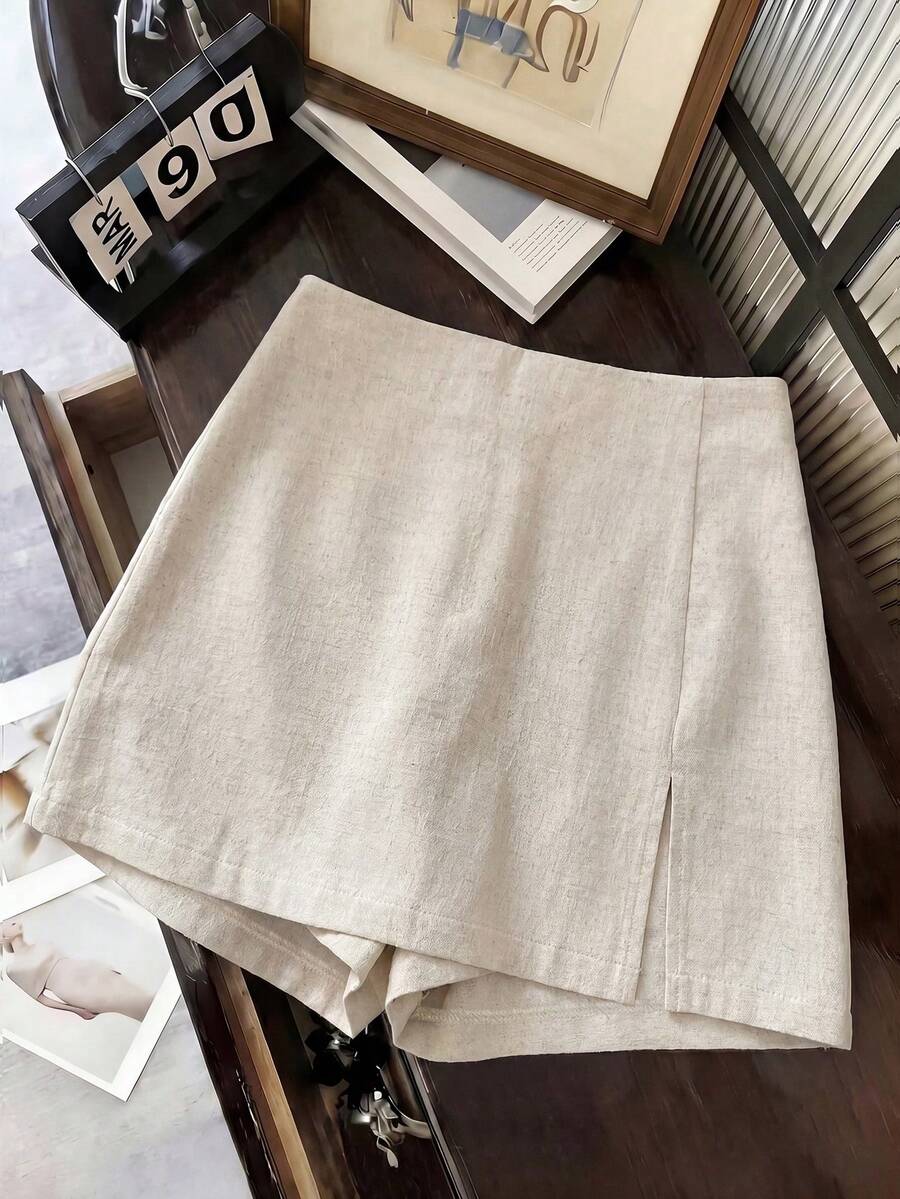 SHEIN Franclia Summer New Linen Casual Versatile Skort - Apricot - View 1