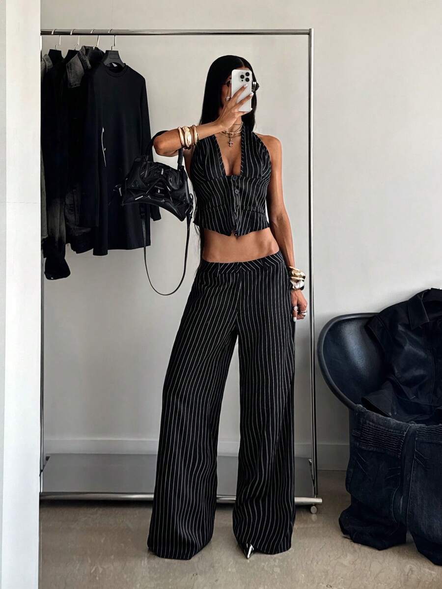 StreetHx Women's Streetwear Halter Neck Tank Top Slim Fit Striped Suit Set - Black - View 1