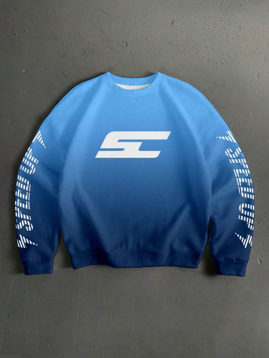 StoneGrade 皇家藍漸層運動休閒美式字體印花男士標準尺寸短版套頭運動衫 - 寶藍色 - 查看 1