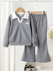 SHEIN Elladie kids 少女華夫格針織兩件套，灰色 Polo 領長袖上衣，仿兩層 V 領與蝴蝶結印花，搭配灰色喇叭褲，適合日常上學、社區散步、超市購物、短途旅行、拜訪親友 - 灰色 - 查看 6
