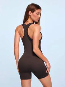 SHEIN Sovereign Charm Women's Solid Color Casual Daily Outdoor Sports Romper - Coffee Brown - View 2