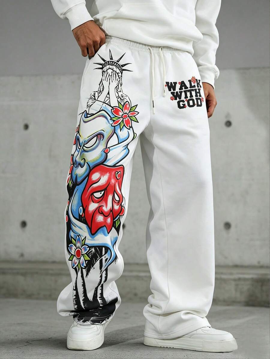 ROMWE MEN Goth Men's Letter Print Drawstring Waist Casual Loose Sweatpants - White - View 1