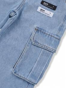 Celana Jeans Denim Saku Kargo Pinggang Tali Serut untuk Anak Laki-Laki Remaja - Medium Wash - View 8