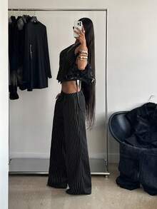 StreetHx Women's Streetwear Halter Neck Tank Top Slim Fit Striped Suit Set - Black - View 3