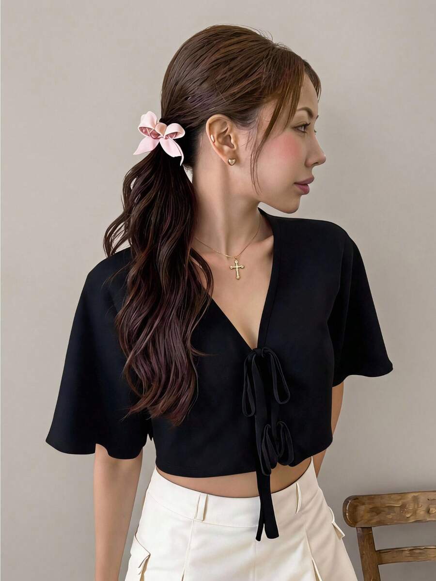 Tideelle 女款黑色長袖前綁結襯衫,夏季度假款 - 黑色 - 查看 1