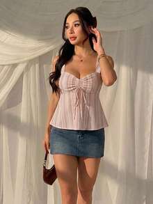 CovetEZ 白色休閒女款抽繩細肩帶背心上衣，外出上衣，度假可愛夏季上衣 - 彩色 - 查看 6