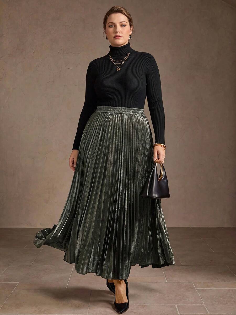 MOTF PREMIUM PLUS SIZE WOMEN'S ELEGANT ELASTIC WAIST PLEATED SKIRT, SPRING/SUMMER 2026 - Dark Grey - View 1
