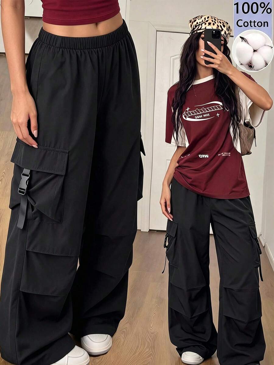 SHEIN 青少年女孩純色休閒百搭日常穿著長褲 - 黑色 - 查看 1