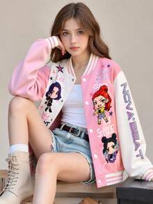 SHEIN Girls' Casual Fashion Spring/Autumn Colorful 3D Floral Contrast Color Baseball Jacket - Pink - View 3