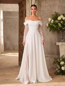 Aureia Elegant Luxurious White Elastic Knit Contrast Lace Cold Shoulder Sheer Sleeve Ruched V-Waist A-Line Hem Wedding Event Bridal Gown Evening Dress - White - View 7