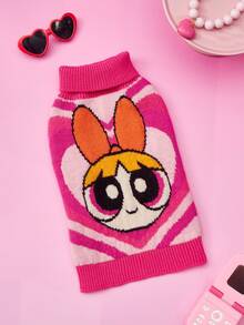 THE POWERPUFF GIRLS X PETSIN 1件粉色愛心可愛卡通提花高領寵物毛衣，超彈性保暖，讓貓狗舒適時尚，柔軟透氣面料，防跳蚤、少掉毛，適合室內依偎或戶外散步 - 粉色 - 查看 2
