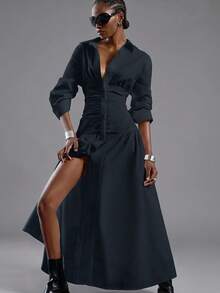 LYSMO Women's Front Button Long Side Slit Dress Dinner Office Black Autumn Elegant - Navy Blue - View 10