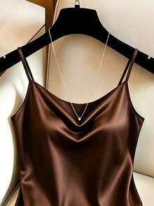SHEIN 女款優雅對比蕾絲休閒緞面細肩帶背心上衣 - 棕色 - 查看 3