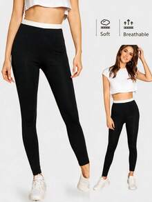SHEIN BASICS 女款拼色高腰日常健身緊身褲 - 黑色 - 查看 5