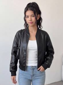 SHEIN 兒童青少年女孩秋季休閒街頭時尚拉鍊長袖PU皮革短夾克，學院風，適合返校季 - 黑色 - 查看 1