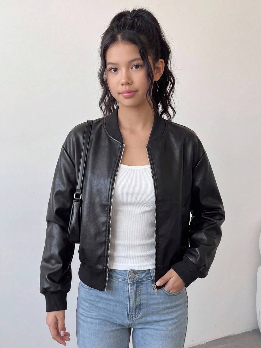 SHEIN 兒童青少年女孩秋季休閒街頭時尚拉鍊長袖PU皮革短夾克,學院風,適合返校季 - 黑色 - 查看 1