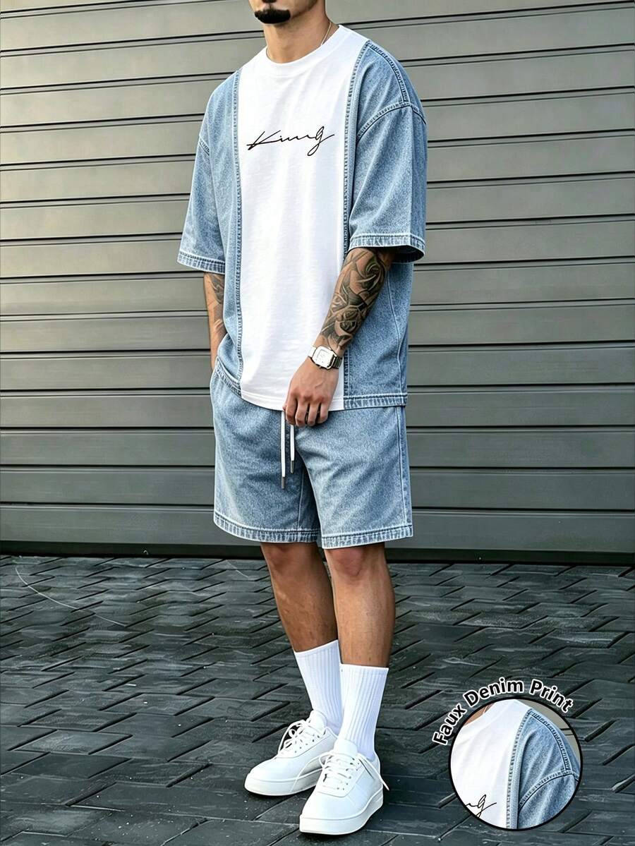 Manfinity Homme 美式復古水洗丹寧拼接字母印花兩件套,街頭時尚圓領短袖上衣,彈性腰抽繩短褲,男女款圖案T恤,夏季運動旅行休閒度假兩件套 - 彩色 - 查看 1