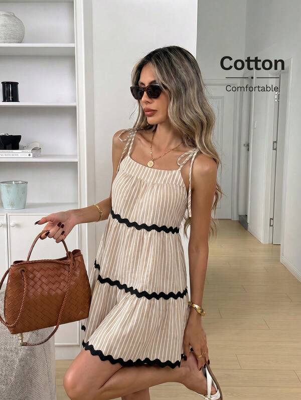Easowa Women's Beige Shoulder Knot Cami Short Dress Beach Vacation Vacation Vacation Vacation Brunch Summer Boho Casual European French Tropical Sexy