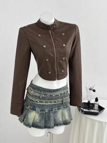 Elamini Jaket Motor Pendek Gaya Retro Wanita - Coklat - View 6