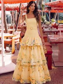 Anewsta Summer Romantic Floral Print Dress, Square Neck Waist Belt Design, Elegant Ruffle Hem, Suitable For Vacation, Party, And Formal Occasions - Light Yellow - View 6